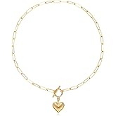 BONJOULRY Chunky Gold Necklace for Women, 18K Waterproof Heart Necklace Statement Necklace Gold Charm Necklace Chunky Jewelry Paperclip Chain Choker Gift for Women