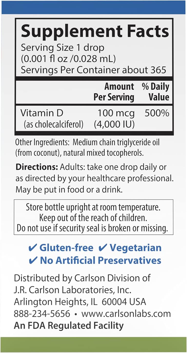 daily vitamin d on Amazon Com Carlson Super Daily D3 4 000 Iu 100 Mcg Per Drop Vitamin D Drop Immune Support Heart Health Liquid Vitamin D3 1 Year Supply Unflavored 365 Drops Health Personal Care