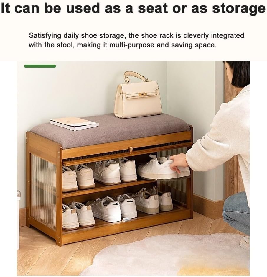 Bamboo Shoe Bench, 3-Tier Shoe Bench Cabinet with Cushion, Dust-Blocking Acrylic Doors, Shoe Organizer Storage Rack for Entryway, Hallway, Living Room, Bedroom