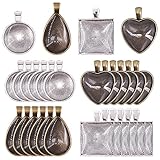 Glarks 48-Pieces 4 Styles Pendant Trays 24pcs Round & Square & Heart & Teardrop and 24pcs Bright Glass Cabochon Dome Tiles for Crafting DIY Jewelry Gift Making