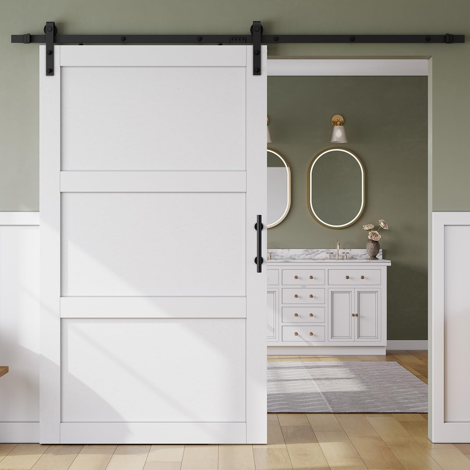 Photo 1 of SmartStandard 48in x 84in Sliding Barn Door with 8FT Barn Door Hardware Track Kit & Handle, Waterproof PVC Surface, Pre-Drilled Holes Easy to Assemble, White, Solid, MDF, 3 Panel