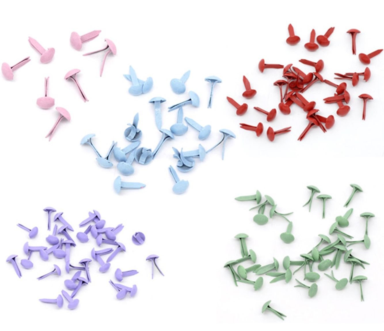 250 x Mixed Pastel Round 9mm x 5mm Brads (Bradlets). Includes Purple, Red, Blue, Pink and Green