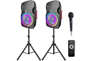 EXOTON 12 inch Professional Dual Powered PA Speakers, 1200 Watts 2-Way Active&Passive Loudspeakers, PA System Combo Set with Microphone/Tripods/Remote Control/Bluetooth/USB/LED Light(No Built-in Battery)