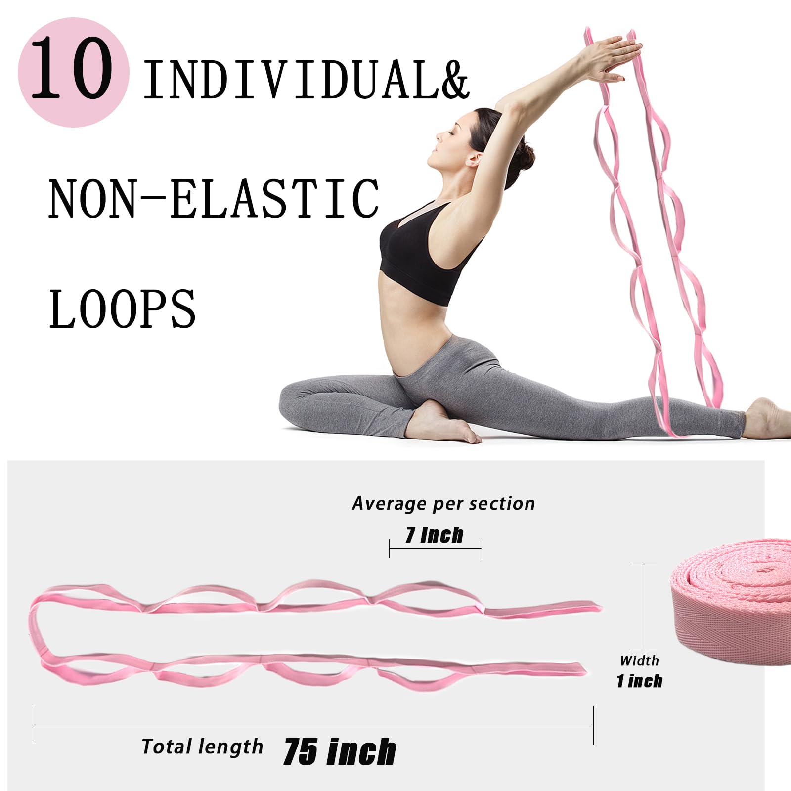 Stretching Strap Yoga Strap with Loops, Stretch Straps for Physical Therapy, Non-Elastic Exercise Strap for Pilates, Dance and Gymnastics with Workout Guide