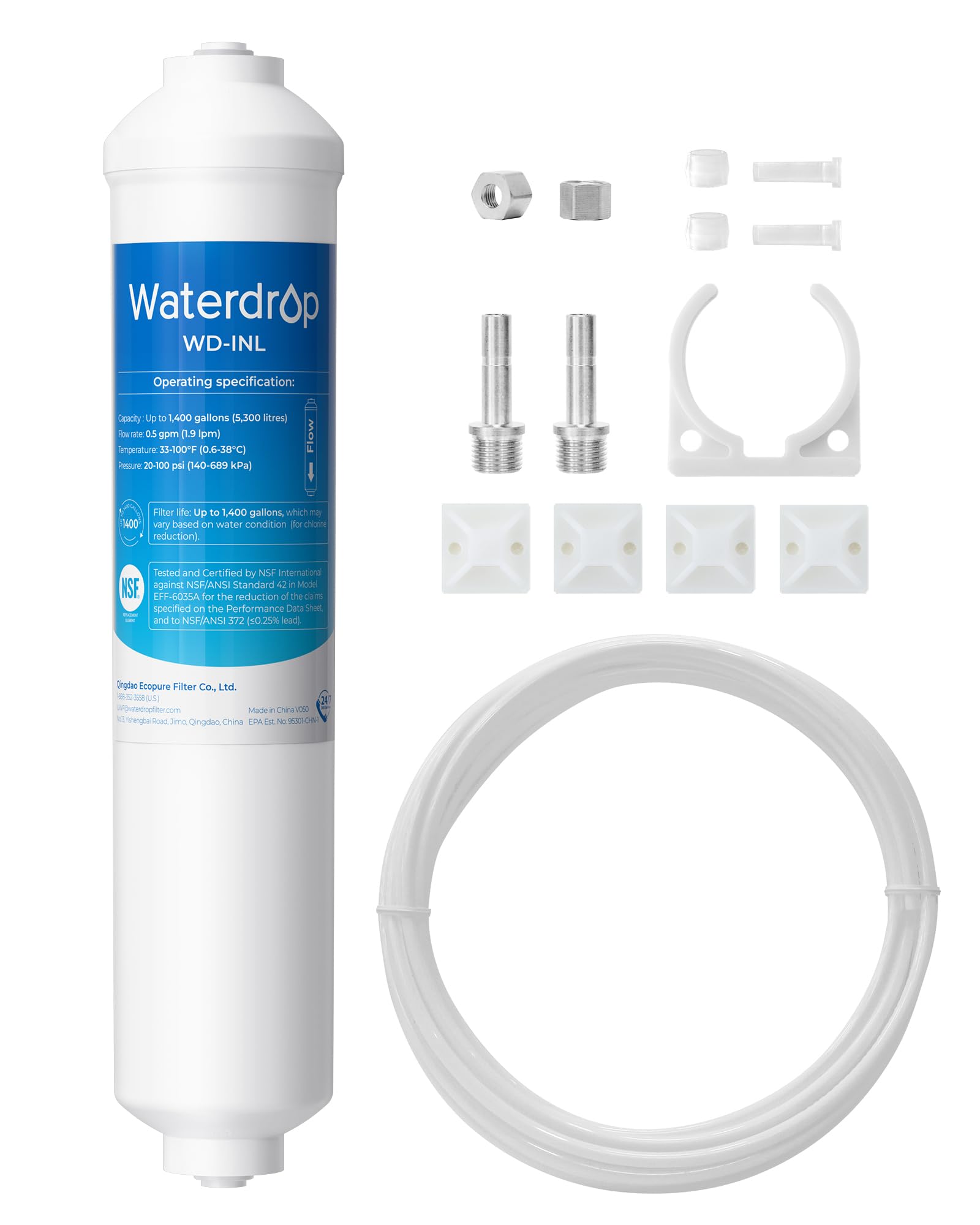 Waterdrop Inline Water Filter for Refrigerator and Ice Maker, NSF Certified High Capacity Drinking Water Filtration System with Direct Connect Fittings, Reduces Chlorine, PFAS/PFOA/PFOS