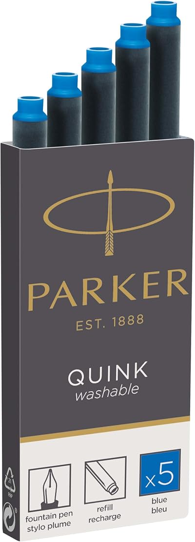 Parker Fountain Pen Ink Refill Cartridges Long Washable Blue QUINK 5 Count
