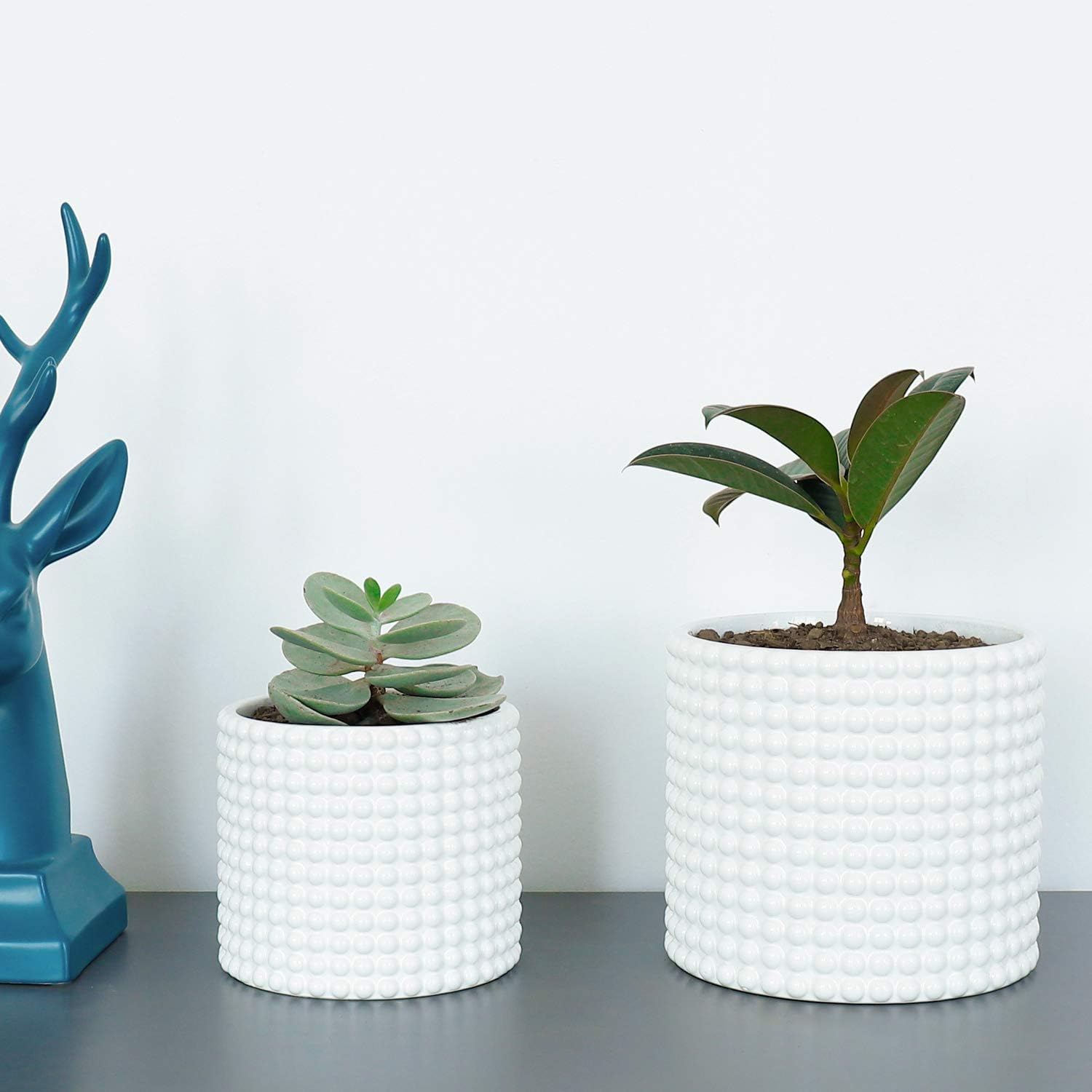 White Ceramic Vintage Style Hobnail Patterned Planter Pots - 6 and 5 Inch Containers with Watering Drain Plug for Indoor Succulent Plants or Flowers : Garden & Outdoor