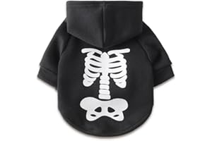 Dog Halloween Skeleton Sweatshirt, Small Pet Hoodie with Leash Hole, Black, Medium