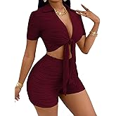 BARASA Women's 2 Piece Outfit V Neck Tie Front Short Sleeve Crop Top with High Waist Shorts Casual Athletic Workout Set DSD42