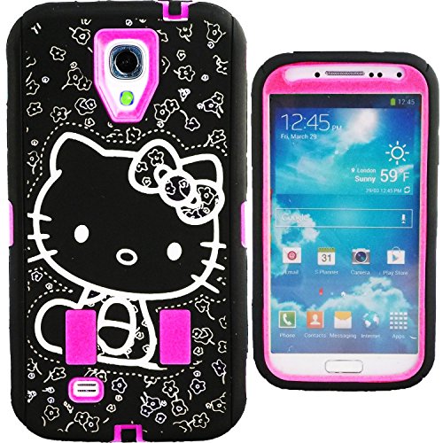 Hot Pink Black & White Hello Kitty Hybrid Case for Samsung Galaxy S4 Shockproof Heavy Duty Anti-Slip Dual Layer Protective Shock-Absorbing Cute Bow Strong Cover + Screen Protector & Stylus FREE GIFT WATERPROOF PRINCESS KITTY STICKER