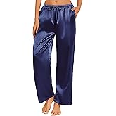 Ekouaer Womens Silk Satin Pajama Pants Casual Loose Lounge Pants Drawstring Elastic Waist Wide Leg Pj Bottoms with Pockets