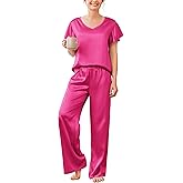 Ekouaer Women's Satin Silky Pajama Set 2 Piece Short Sleeve Shirt with Long Pants Pjs Sets Soft PJ Loungewear S-XXL