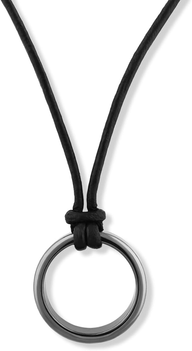 Magnetic Healing Hematite Ring on 2mm Leather Cord Necklace with Sterling Silver Clasp 12" - 30"
