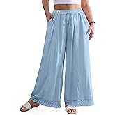 TARSE Womens Linen Wide Leg Pants Loose Boho Lounge Beach Vacation Flowy Lace Summer Pants with Pocket