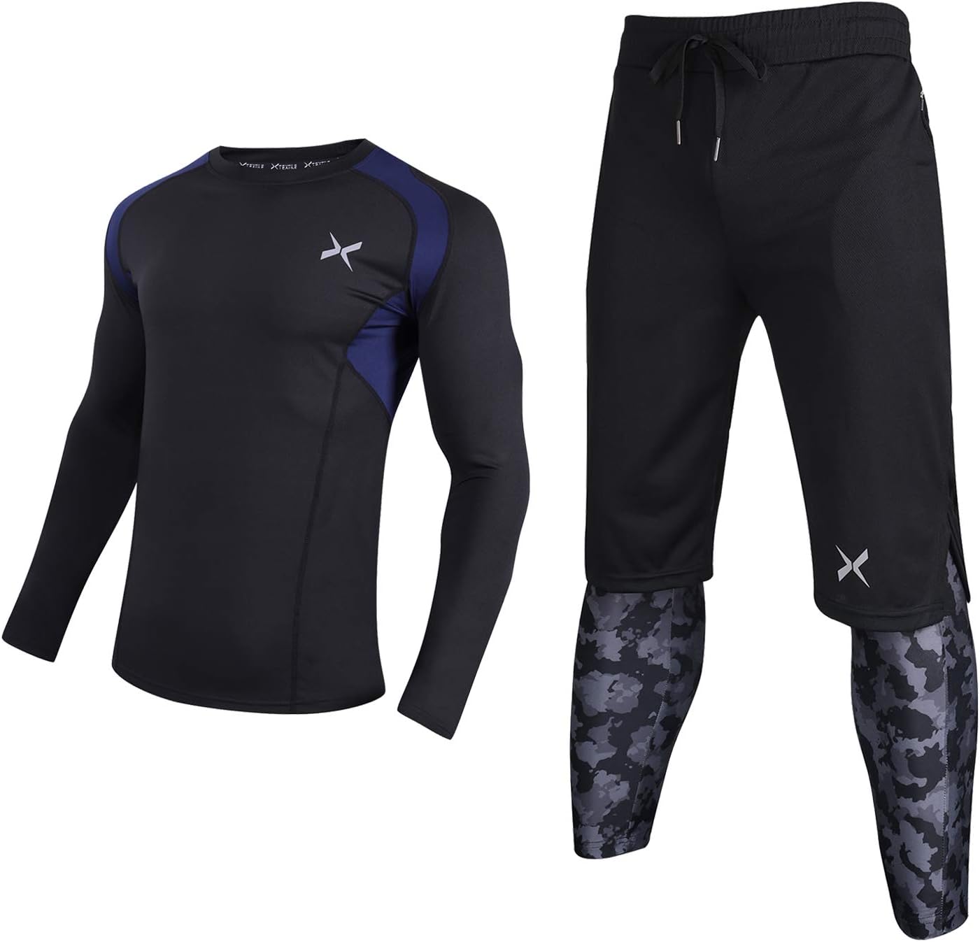 Xtextile Men's Compression Set, Workout Set with Long Sleeve Compression Shirt, Leggings Pants, Loose Shorts for Running