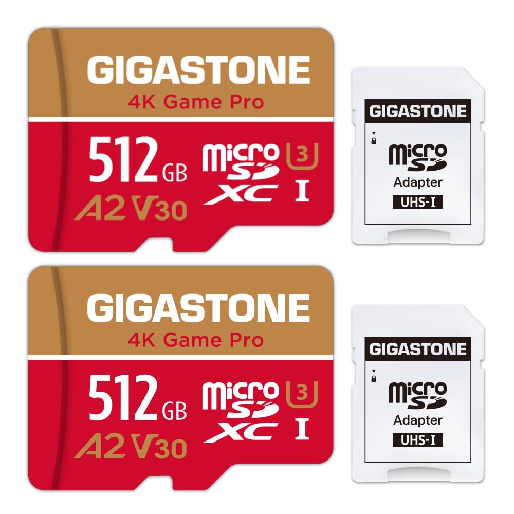 [5-Yrs Free Data Recovery]Gigastone 512GB Micro SD Card 2-Pack, 4K Game Pro, MicroSDXC Memory Card for Nintendo-Switch, GoPro, Action Camera, DJI, UHD Video, R/W up to 100/60 MB/s, UHS-I U3 A2 V30 C10