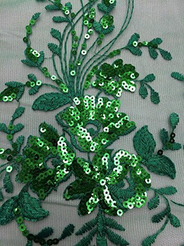 Green Detailed Lace With Sequins Fabric Scalloped Pattern Sold By The Yard