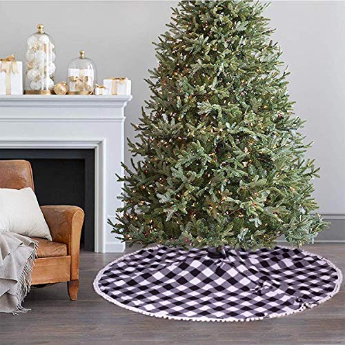 SevenFish 48 inch Buffalo Plaid Christmas Tree Skirt Black and White Buffalo Check Tree Skirt with Pom Pom for Christmas Decorations