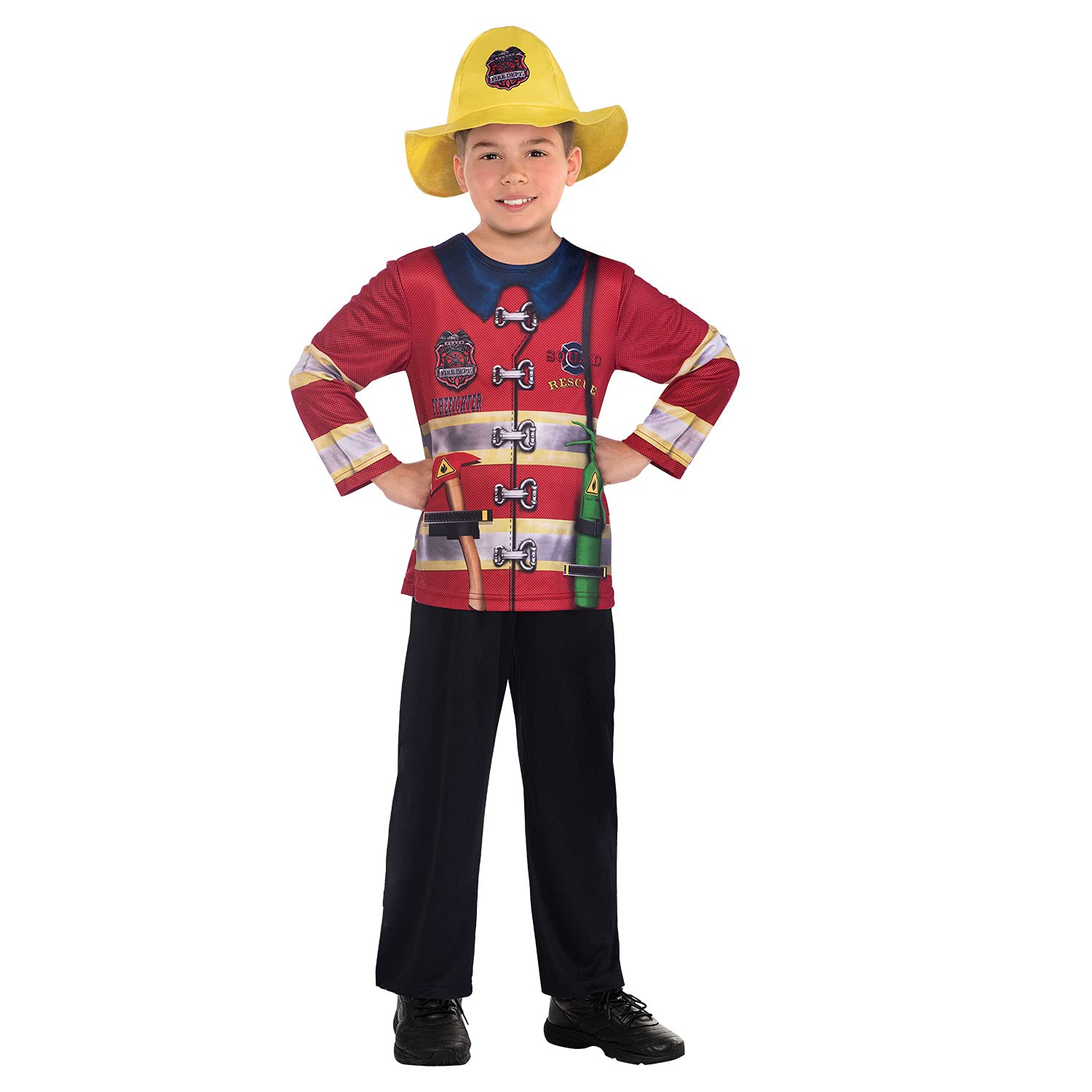 amscan 9910150 Child Sustainable Firefighter Fancy Dress Emergency Services Costume Top Age: 3-4 Years