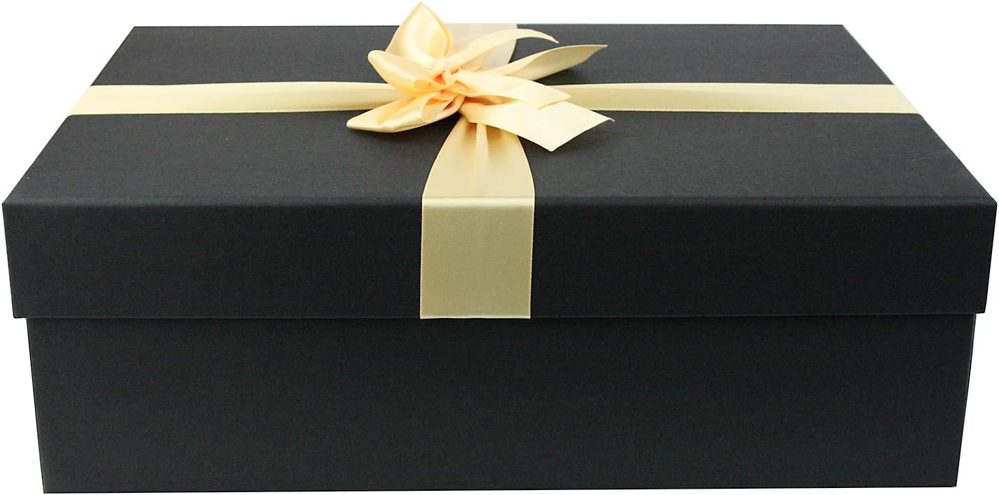 Emartbuy Black Rigid Gift Box with Ribbon - 34 x 23 x 8 cm - Luxury Cardboard Presentation Box, Rectangle Single Box - Black