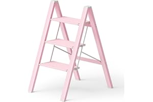 PLEDDANIO Step Ladder 3 Step Folding Ladders for Adults,Lightweight Aluminum Stepladder,330lbs Capacity Home Library Kitchen Office Pink Step Stool
