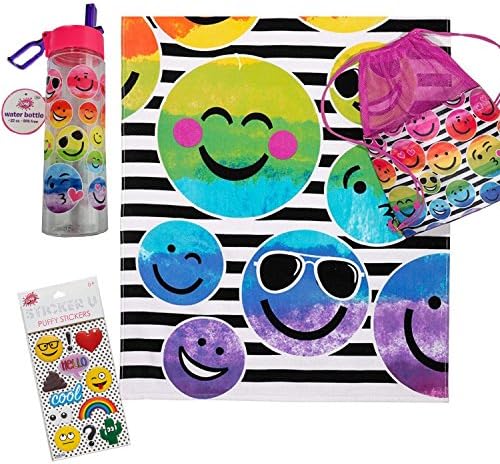 3C4G Emoji Towel, Bag and Emoji Water Bottle Set - Emoji Towel, Emoji Bag, 22 oz Tritan BPA-free Water Bottle, and Puffy Emoji Stickers
