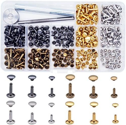 MINCOO 180Sets 3Sizes Leather Rivets Double Cap Rivets Tubular Metal Studs with 3 Pieces Fixing Tool kits for Rivets Replacement,Leather Craft Repairs Decoration,4Colors (Gold,Silver,Bronze,Gun-black)