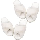 Newcotte 2 Pairs Women's Fuzzy Slippers Cross Band Fluffy Plush Cozy Open Toe House Slippers for Bridesmaid Indoor Outdoor