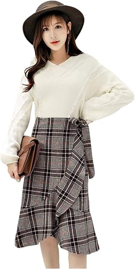 Amazon Piite スカート 秋 冬 レディース ウール混 ロングスカート シルエット ボトムズ ミニスカート 可愛い ゆったり チェック柄 上品 フレアスカート マキシスカート 厚手 韓国風コーヒー5 スカート 通販