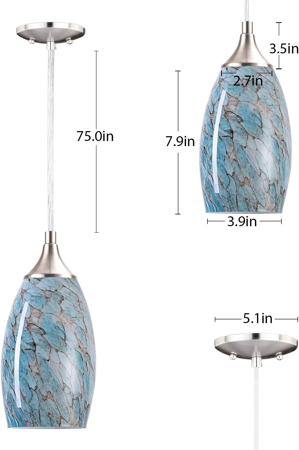 1-Light Pendant Light, Handcrafted Art Glass Hanging Light with Brushed Nickel Finished Adjustable Cord for Kitchen Island (Blue) - - 