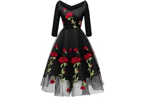 IWEMEK Women Vintage Off Shoulder Rose Embroidered Floral Evening Dress V Neck Short 3/4 Sleeves Wedding Cocktail A Line Midi Gown