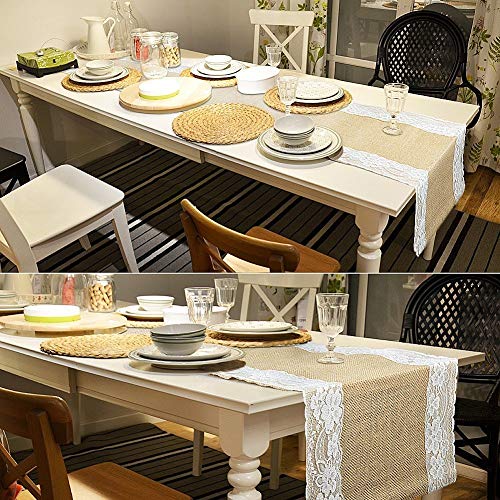 boyspringg Set of 10 Wedding Burlap Table Runners with White Lace Hem,12x108 Inch,Hessian Jute Rustic Country for Wedding Party Birthday Engagement Hotel Home DÃ©cor