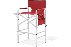 MoNiBloom 31-Inch Foldable Tall Director Chair Folding Portable Aluminum Frame Makeup Artist Chair, with Side Table, Cup Holder and Pockets, 250lbs Capacity (Red)