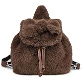 Extolove Cute Fluffy Backpack Kawaii Mini Furry Backpack Purse Y2K Bow Fuzzy Backpacks for Girls Women Plush Daypack (Coffee)