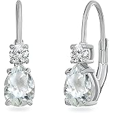 Tiny Birthstone Earrings for Women, CZ & 7x5mm Pear Genuine or Synthetic Gemstone, Sterling Silver Leverback Huggie Drop Earrings for Women Bridesmaids