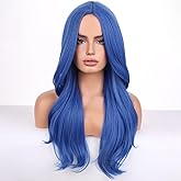 WTHCOS Dark Blue Wig Long Curly Wavy Hair Wig for Women Middle Part Wig Purple Wig Heat Resistant Synthetic Hair Wigs for Daily Use Cosplay Wig With Wig Cap