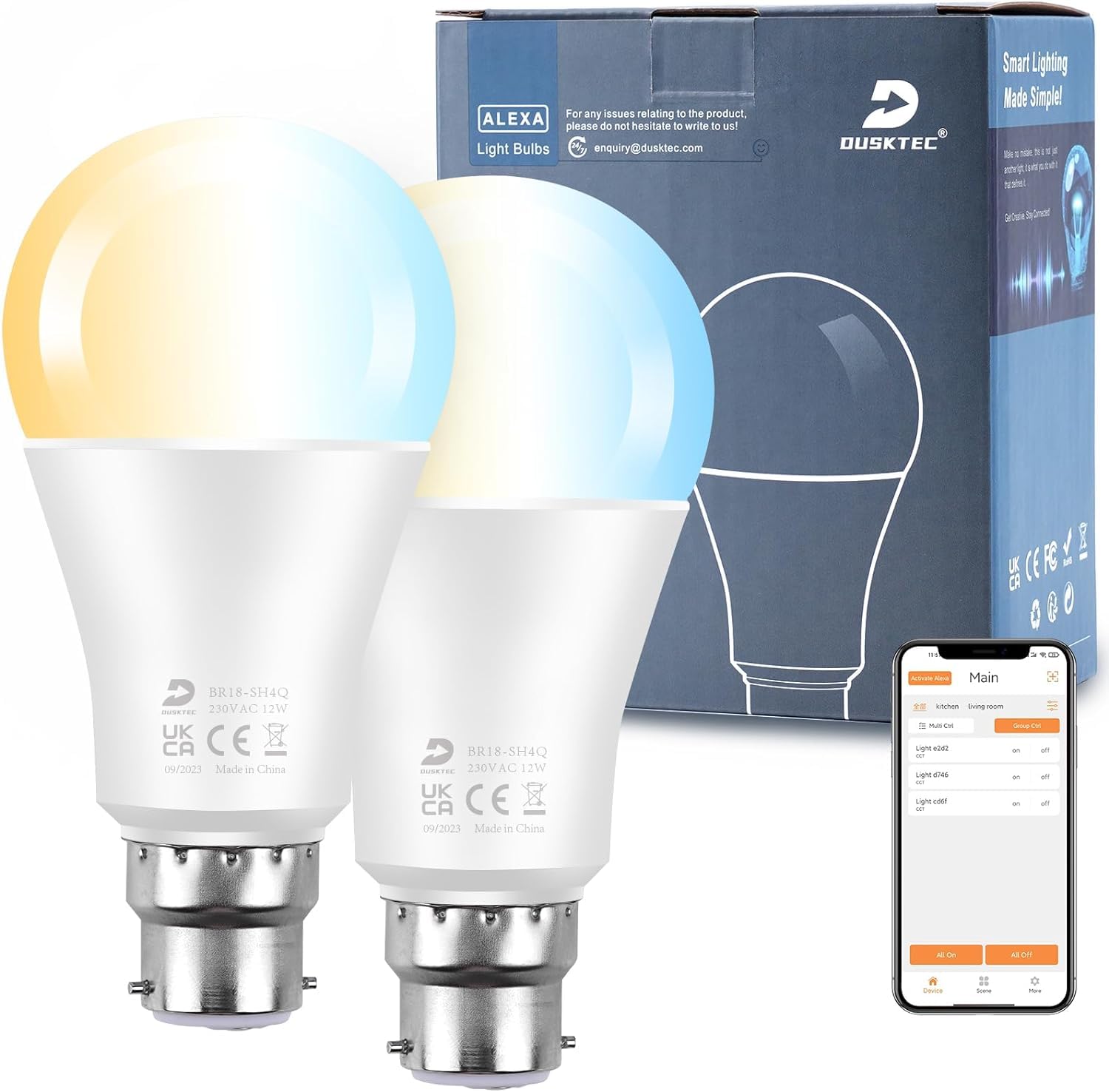 DUSKTEC Alexa Light Bulbs 2 Pack, 12W (120W Equivalent) Bayonet Light Bulbs Warm to Daylight White Dimmable, Bluetooth App Control B22 Base LED Bulb Timer, A60 Smart Light Bulb for Bedroom Living Room