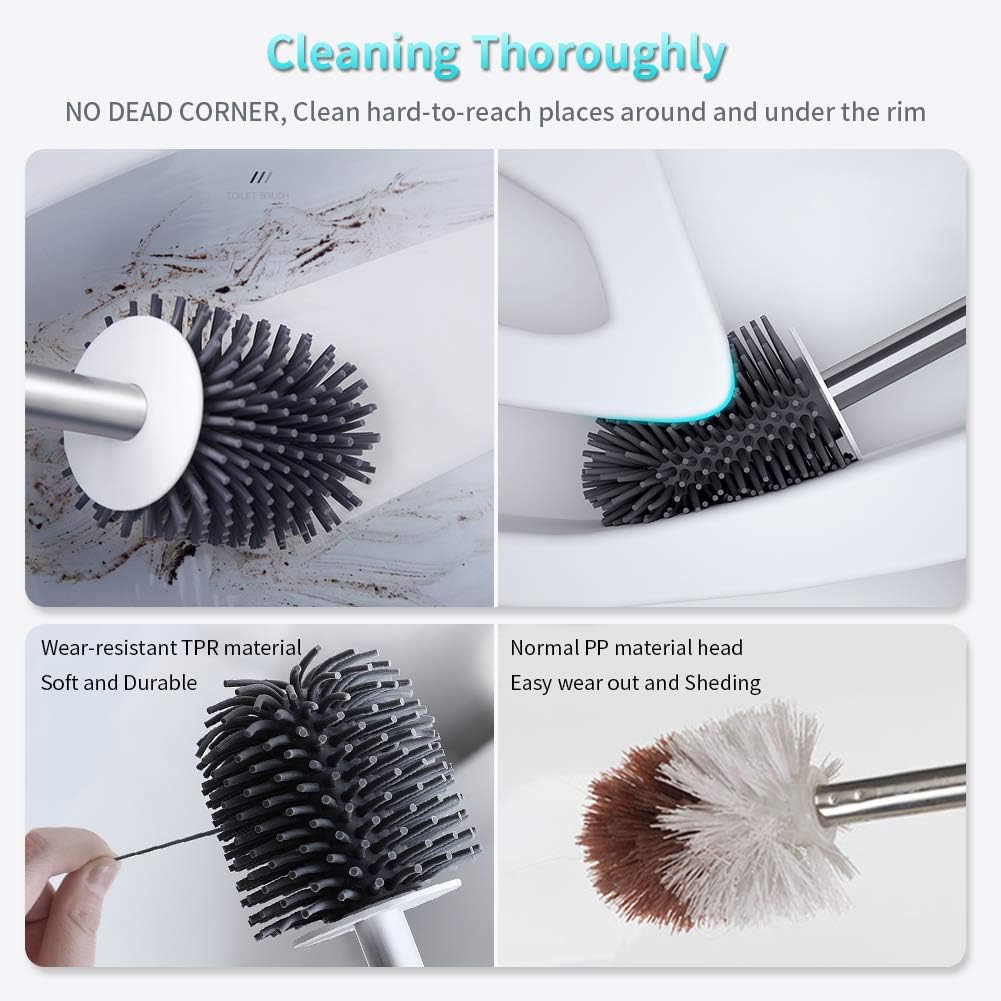 MEXERRIS Toilet Brush and Holder Set Stainless Steel with Soft Silicone Bristle, Sturdy Cleaning Toilet Bowl Cleaner Brush Set for Bathroom Storage Organization - Tweezers Included (Black): Kitchen & Dining