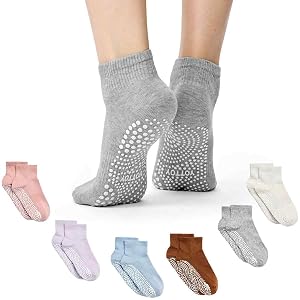 YOTTOY Pilates Grip Socks Women 6 Pairs, Non-Slip Ankle Yoga Socks | Full-sole silicone grips for barre, dance, and barefoot