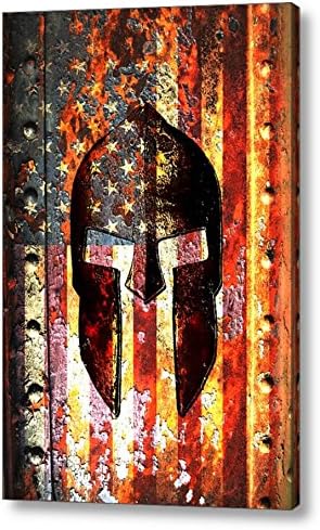 American Flag And Spartan Helmet On Rusted Metal Door Acrylic Print 25 X 37.5