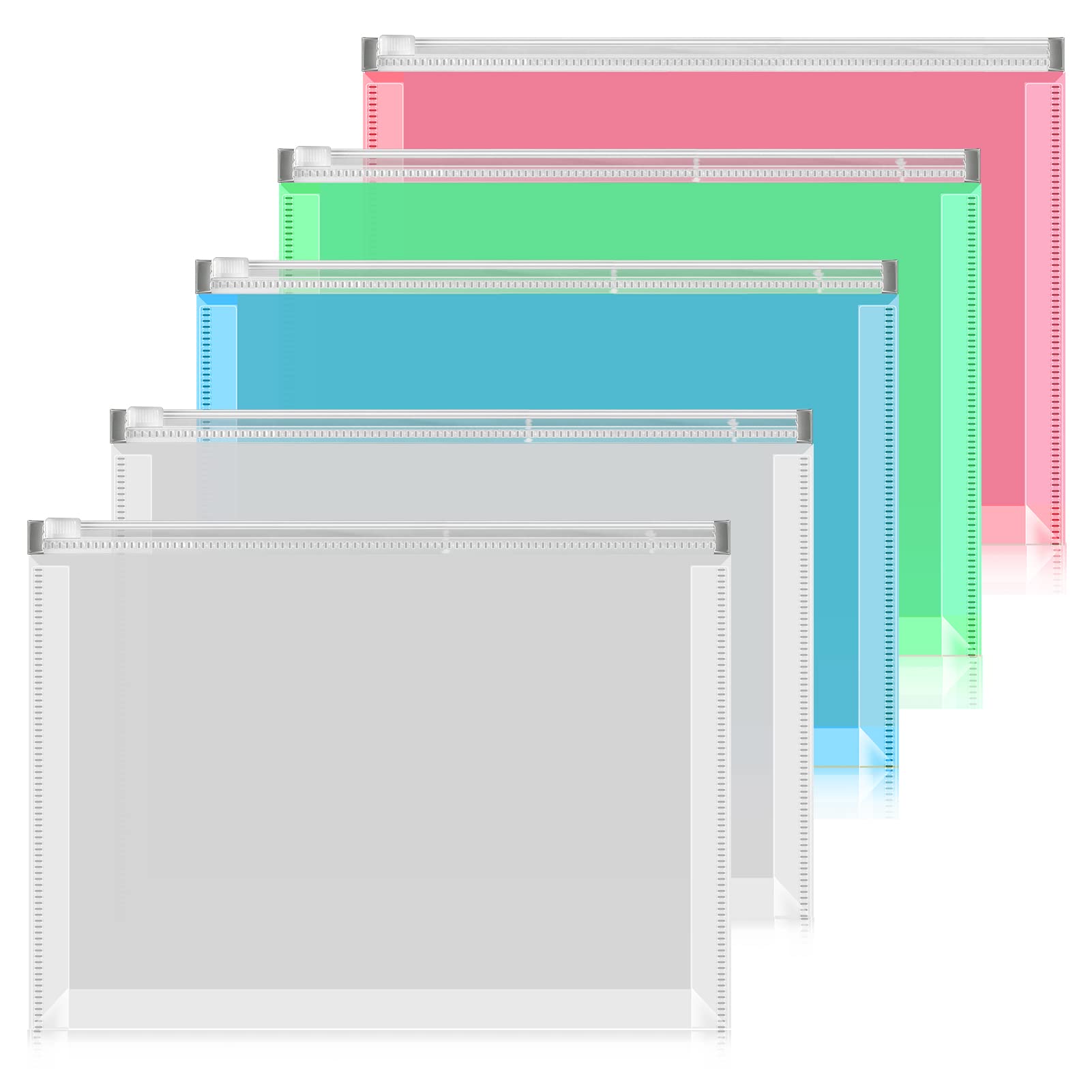 WWW A5 Zipper Plastic Envelopes, Expanding File Wallet Document Folder, Clear Zip Paper Holder, Waterproof Pouch Pencil Bags for School & Office (5 Packs-4 Colors), Blue, Green, Pink