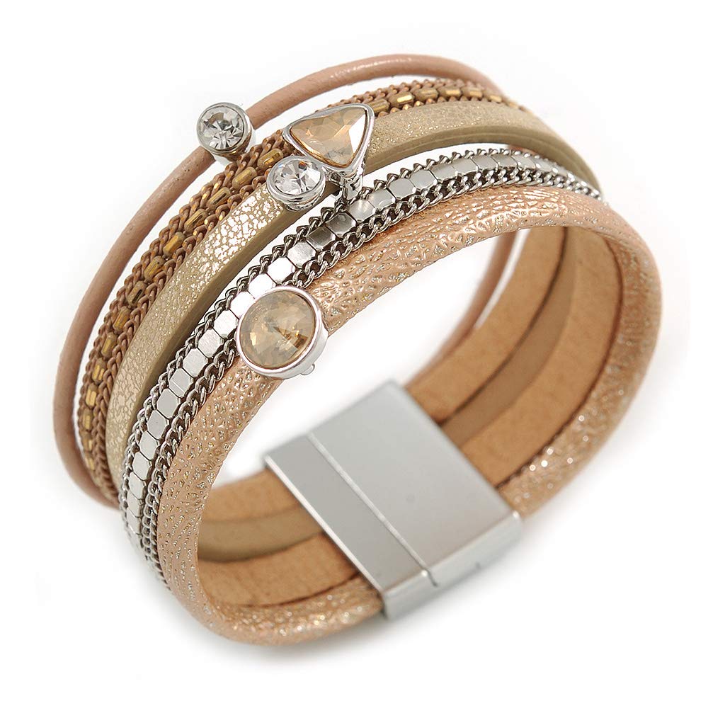 Avalaya Stylish Gold Caramel Faux Leather with Crystal Detailing Magnetic Bracelet In Silver Finish - 18cm L