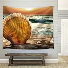 Sea Shells in The Sand, a Sunset. - Fabric Wall Tapestry Home Decor - 51x60 inches