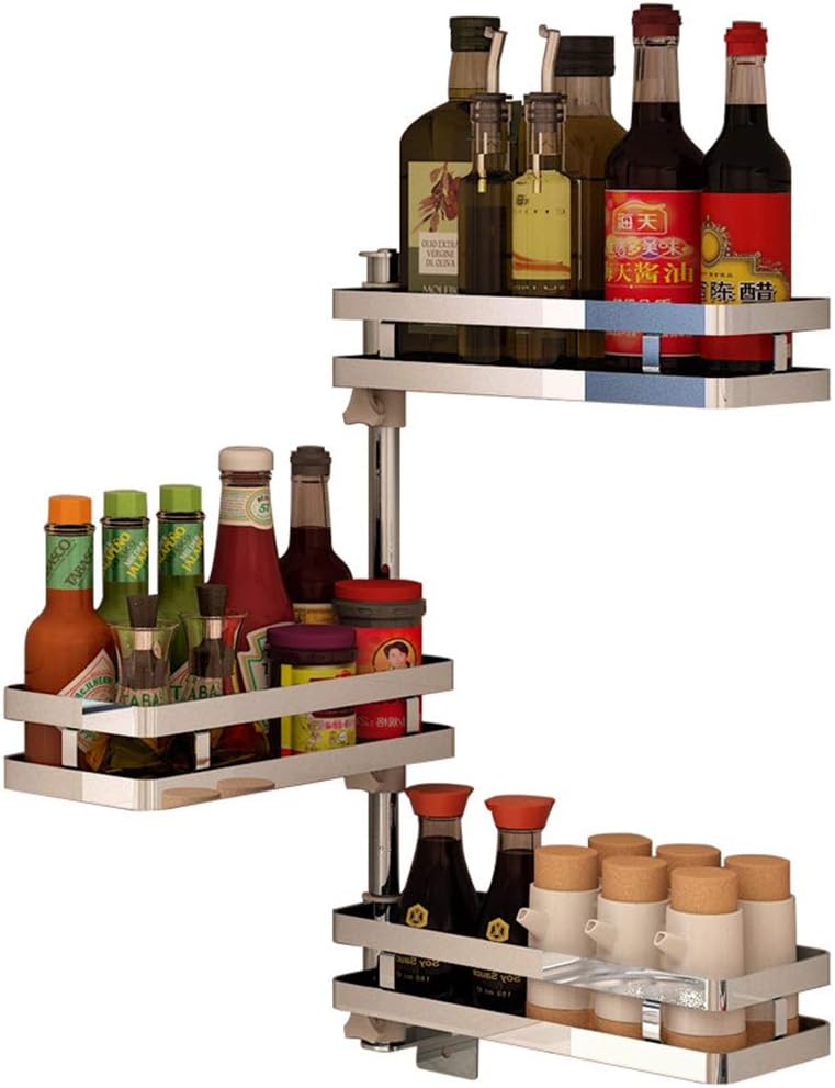 COOCAQI Stainless Steel Wall Spice Rack Organiser, 3 Tier Adjustable and Rotatable Shower Organiser for Herbs Jars and Spices Bottles and Bathroom Supplies Corner Storage Rack