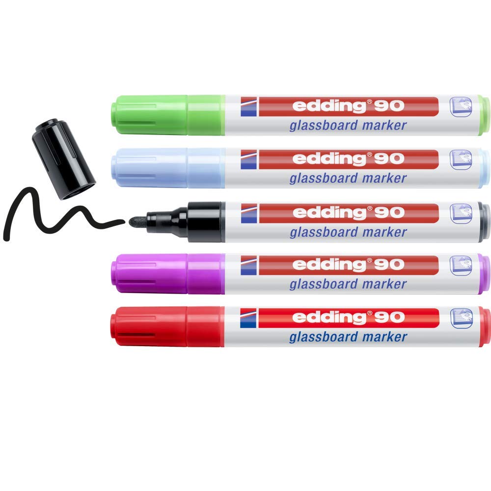 edding 90 glassboard marker set - multi-coloured (dark) - 5 glass pens - round nib 2-3 mm - washable window marker pens - for writing and marking on glass surfaces -windows, glassboards - dry-wipeable