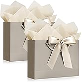 YoungTree 2PCS Medium Gift Bags with Ribbon and 2 Greeting Cards 4 Tissue Papers, Paper Birthday Gift Bags with Handles, Present Bags for Valentines Day Wedding Baby Shower Party Supplies (Champagne)
