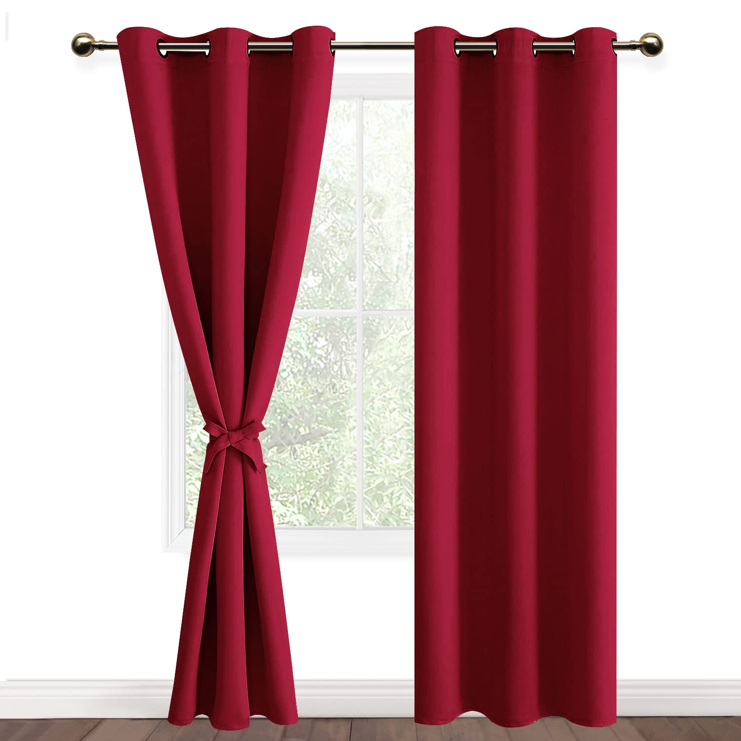 DWCN Red Blackout Curtains with Tiebacks for Bedroom Thermal Insulated Solid Eyelet Curtains for Living Room,2 Panels,46" Wide x 90" Drop
