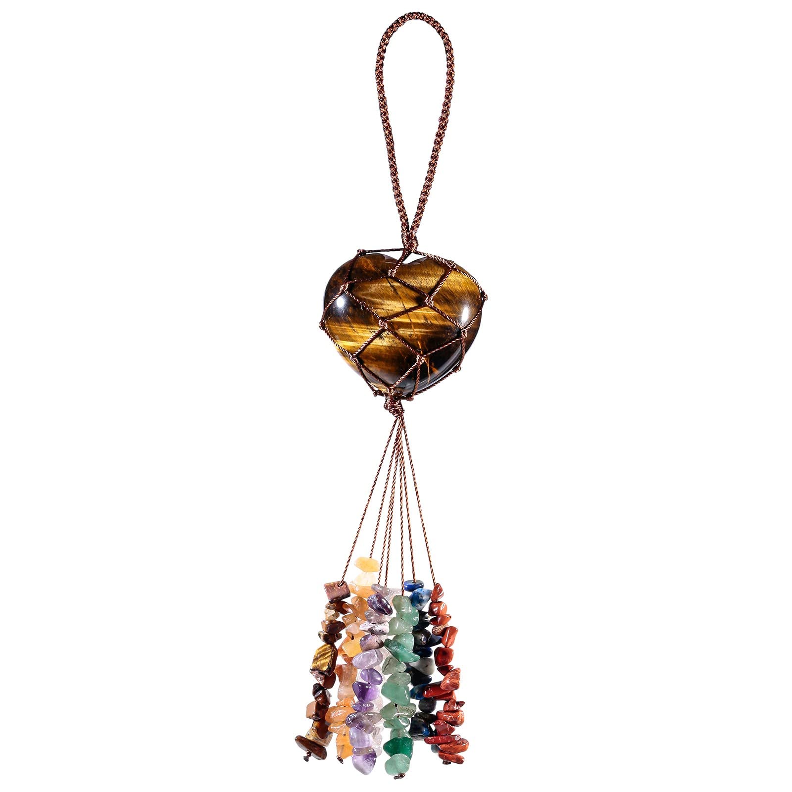 KYEYGWO Tiger's Eye Stone 7 Chakra Crystal Stone Heart Hanging Ornament, Reiki Healing Love Crystal Hanging Gemstone Heart Shaped Wall Hanging Window Decoration for Home Car Wedding