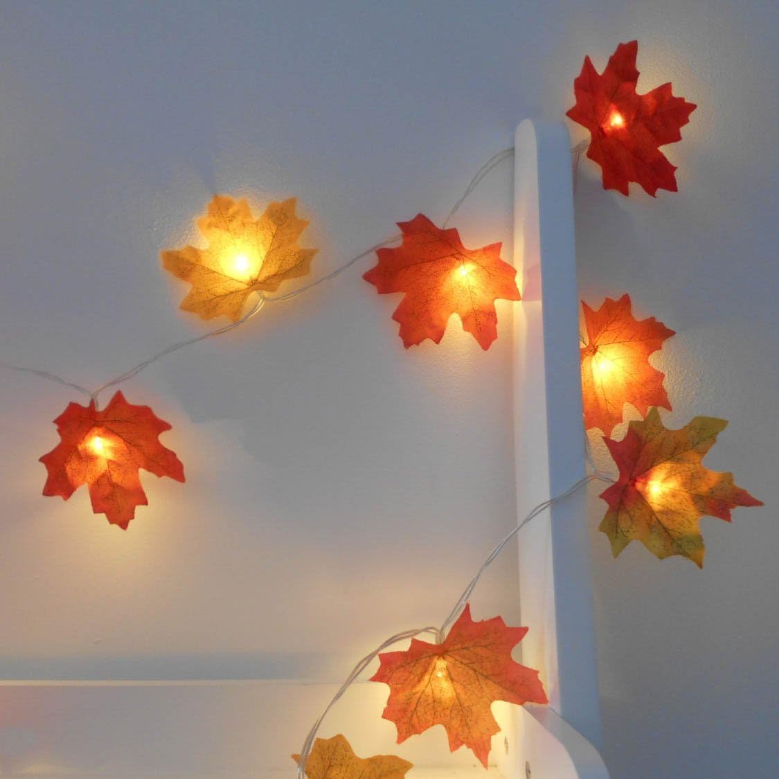 1m 10 LED Mixed Autumn Leaves Fairy Lights - String Lights/Lit Garland - AA Battery Powered - Maple Leaf Wedding Decorations - Bedroom