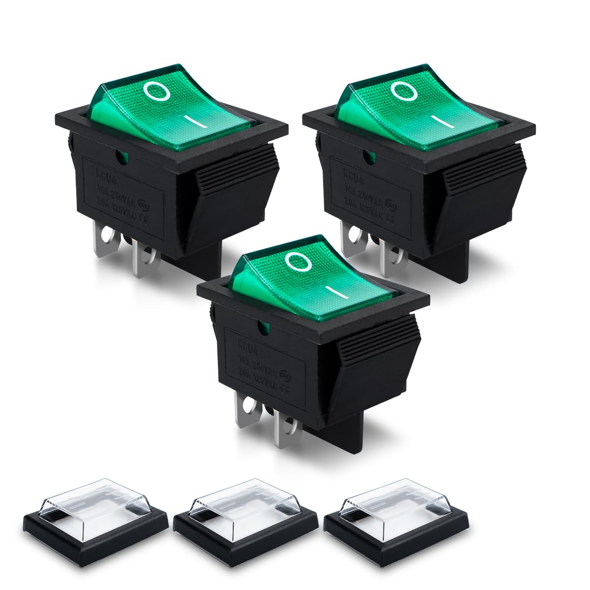 Innfeeltech 3 Pcs Mini Rocker Switch Green KCD4-101 4 Pin 4 Position Toggle Switch with 3 Waterproof Caps